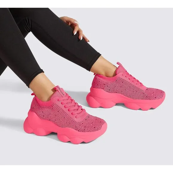 Lucky Step Women's Pink Rhinestone Sneaker Chunky Sparkly Bling Mesh Slip on - Picture 8 of 9